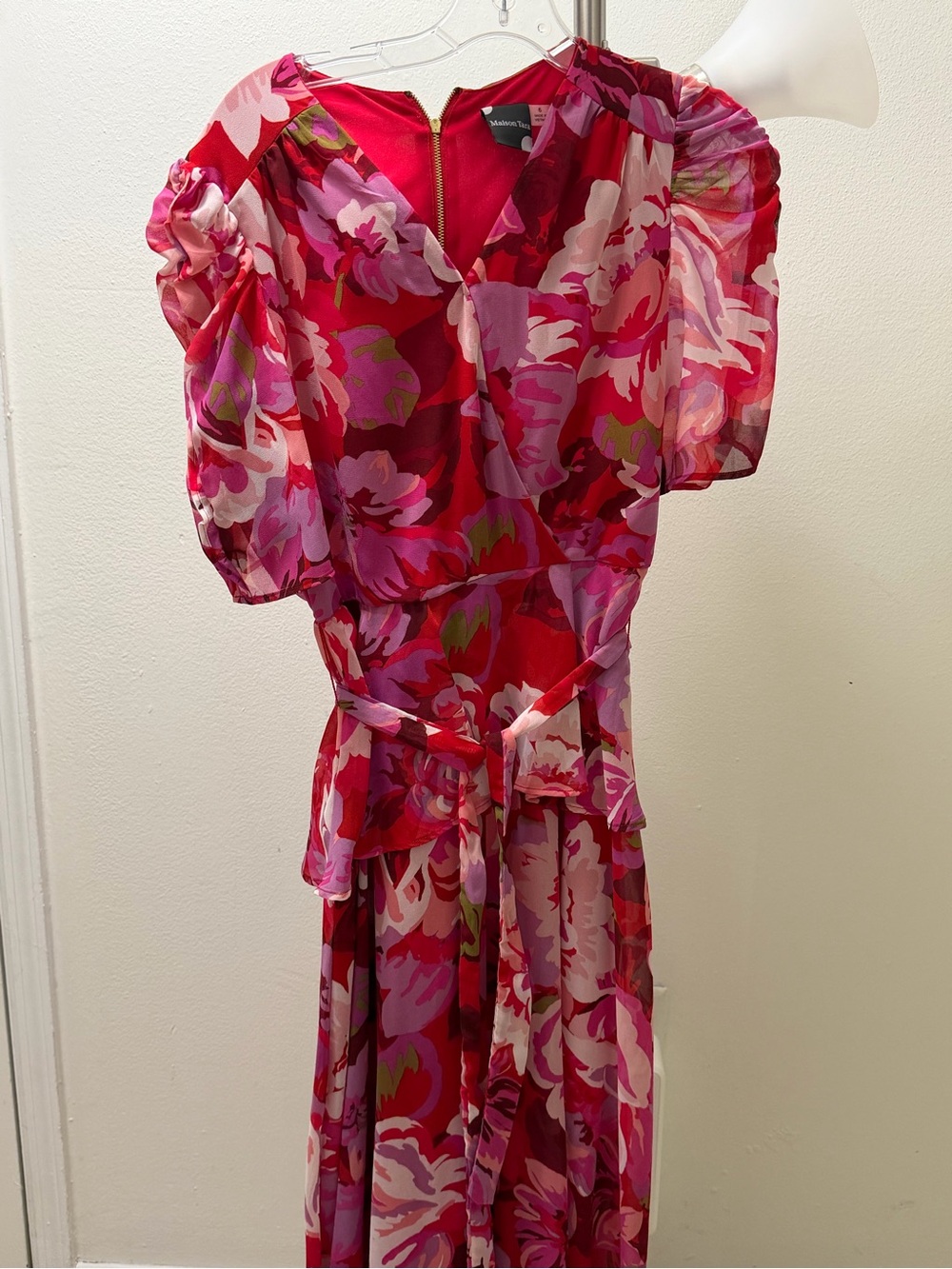 Maison Tara Pink and Red Floral Tie-Waist Maxi Dress
